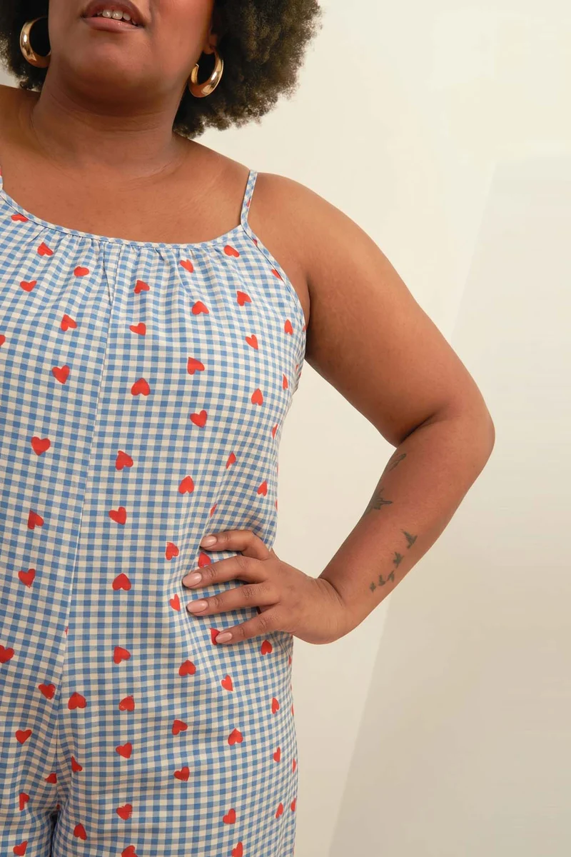 Combinaison à Bretelles - Vichy Coeurs Bleu