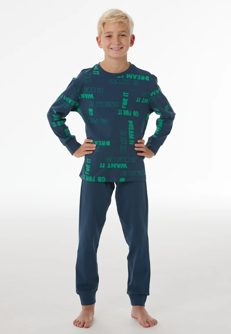 Schlafanzug mit Bündchen Blau/Grün gemustert - Nightwear