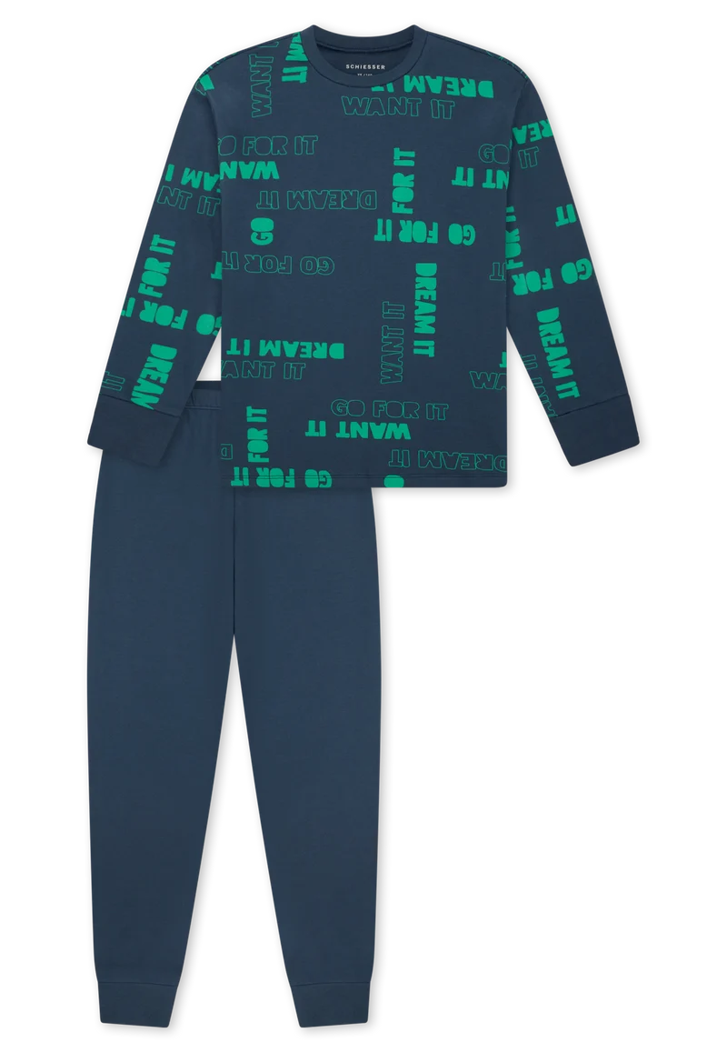 Schlafanzug mit Bündchen Blau/Grün gemustert - Nightwear
