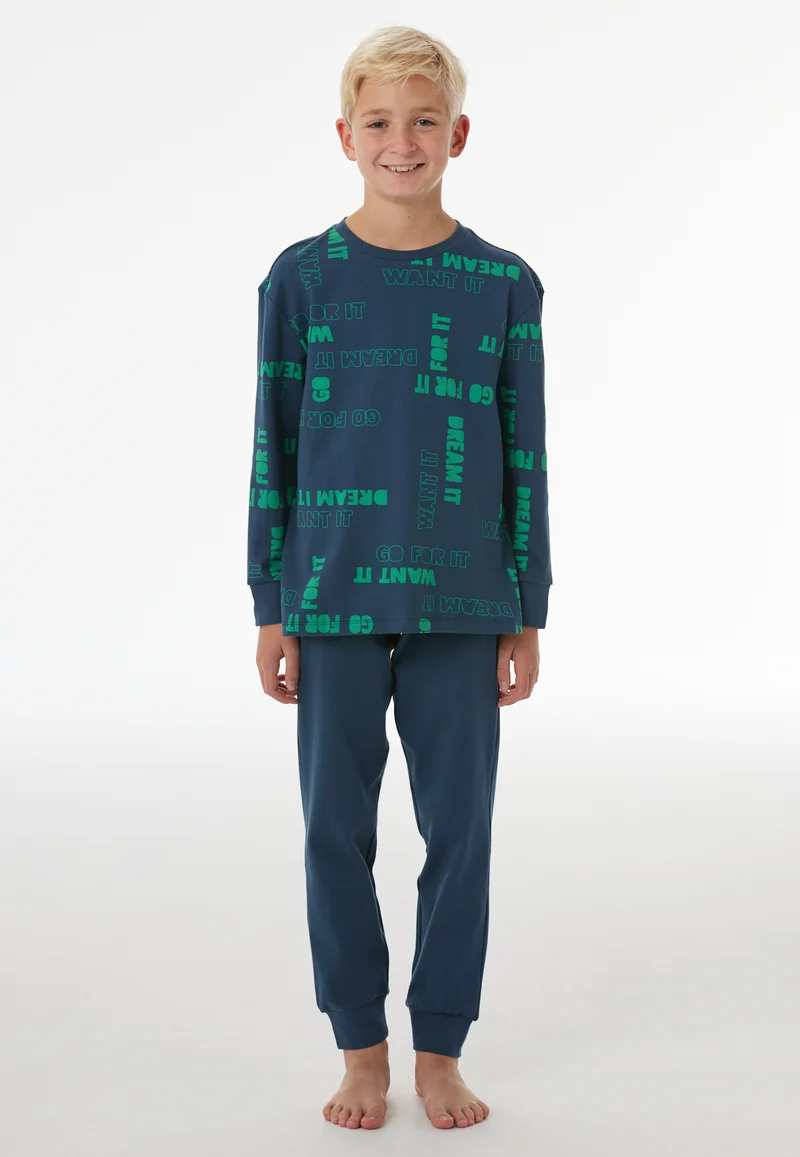 Schlafanzug mit Bündchen Blau/Grün gemustert - Nightwear