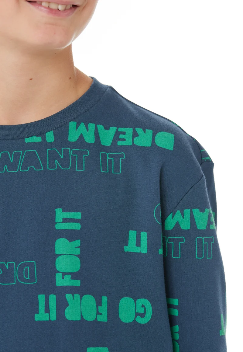 Schlafanzug mit Bündchen Blau/Grün gemustert - Nightwear