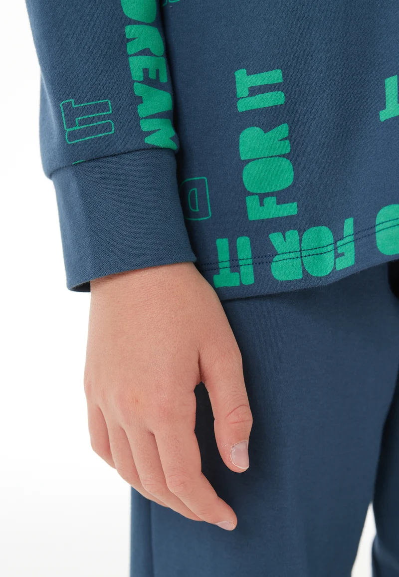 Schlafanzug mit Bündchen Blau/Grün gemustert - Nightwear