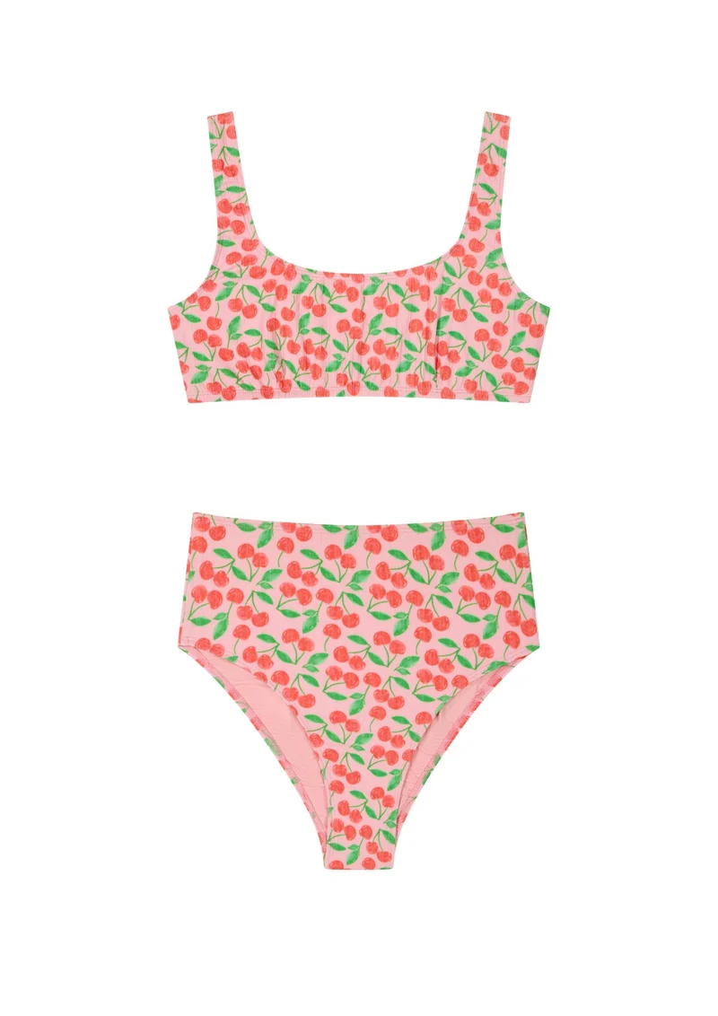 Maillot 2 pièces Taille Haute - Cerises Rose