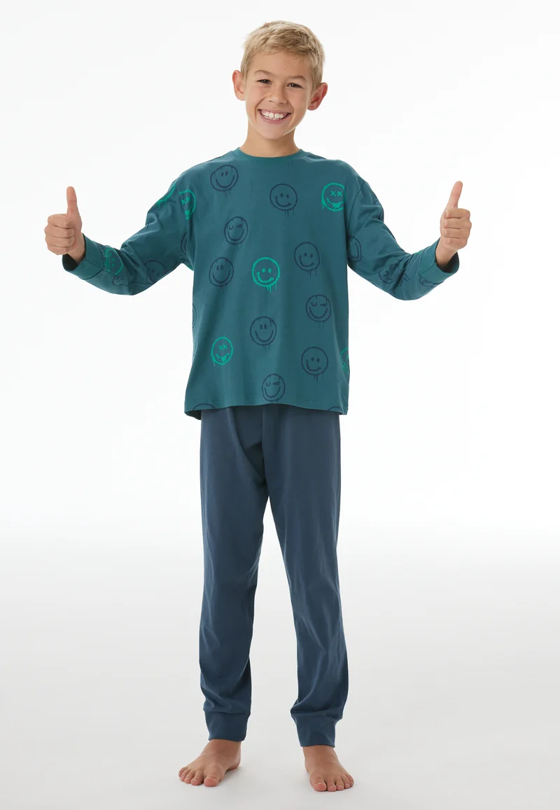 Schlafanzug mit Bündchen Petrol/Blau gemustert - Nightwear