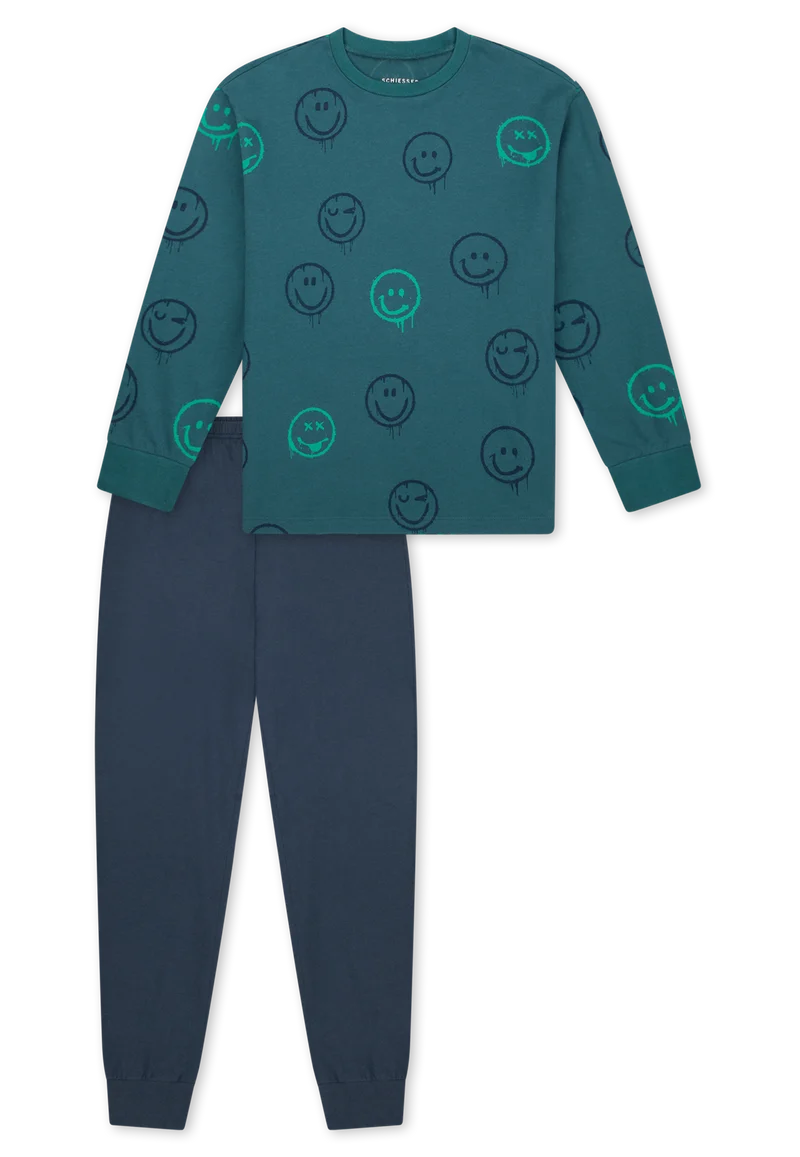 Schlafanzug mit Bündchen Petrol/Blau gemustert - Nightwear