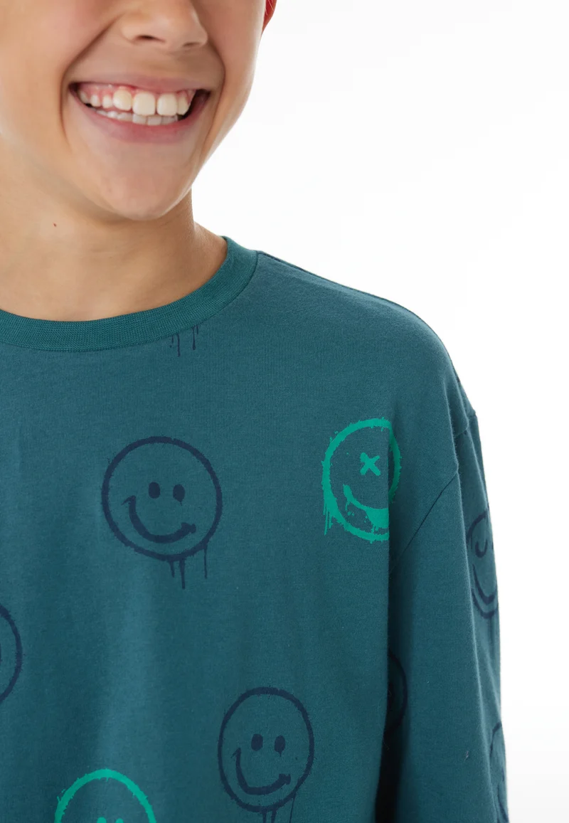 Schlafanzug mit Bündchen Petrol/Blau gemustert - Nightwear