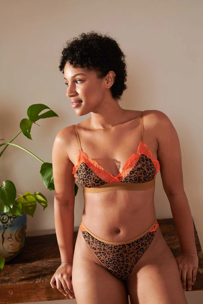BRASSIÈRE + CULOTTE BI-MATIÈRE - Léopard Orange