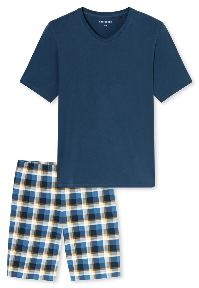 Schlafanzug kurz Blau kariert - Casual Essentials