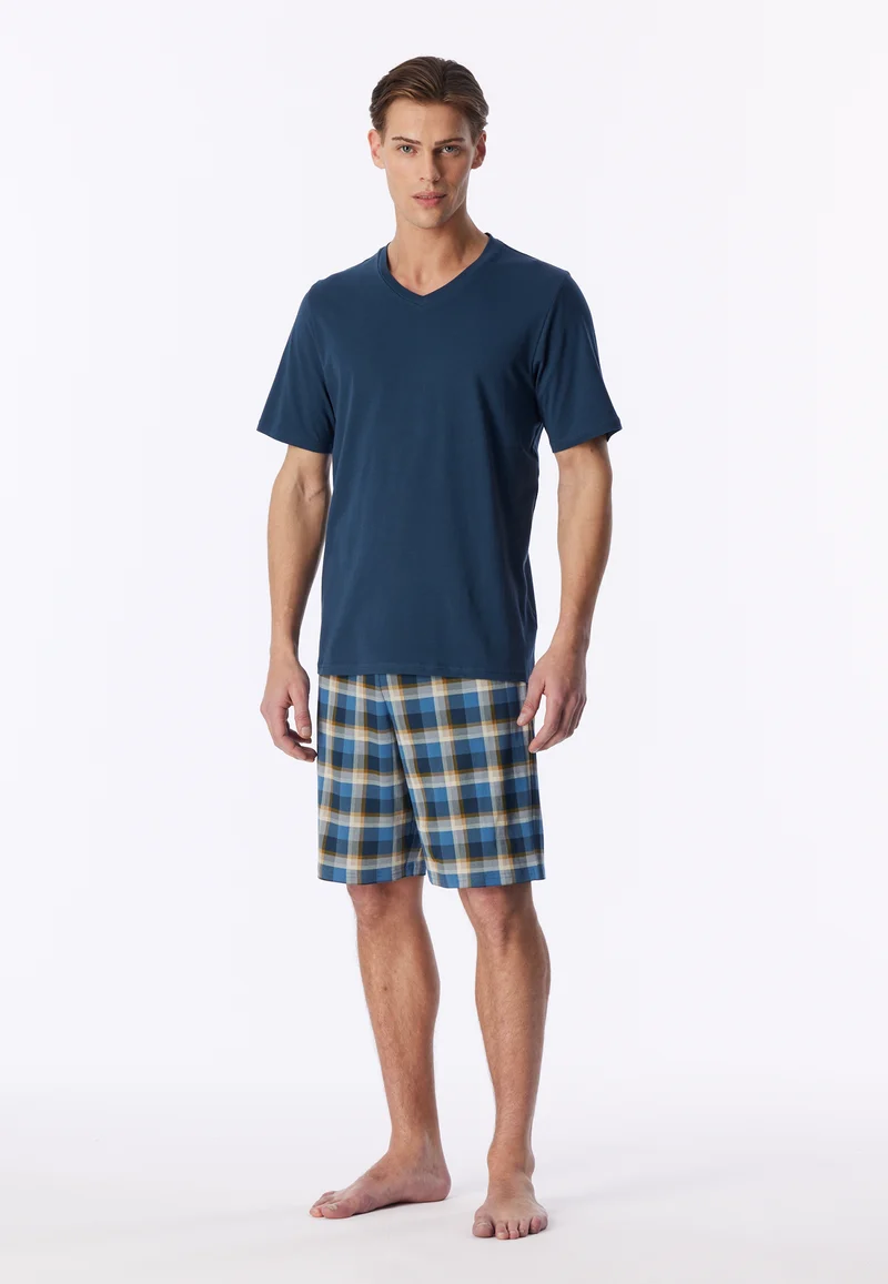 Schlafanzug kurz Blau kariert - Casual Essentials