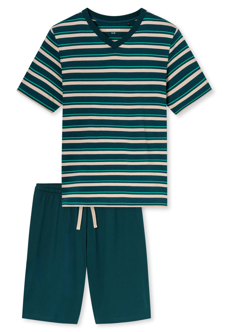 Schlafanzug kurz Petrol/Beige gestreift - Casual Nightwear