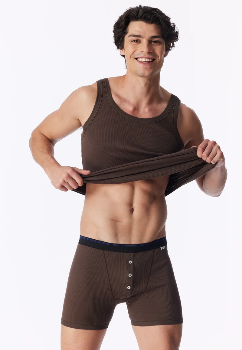 Enge Boxershorts Doppelripp mit Knopfleiste Braun - Revival Friedrich
