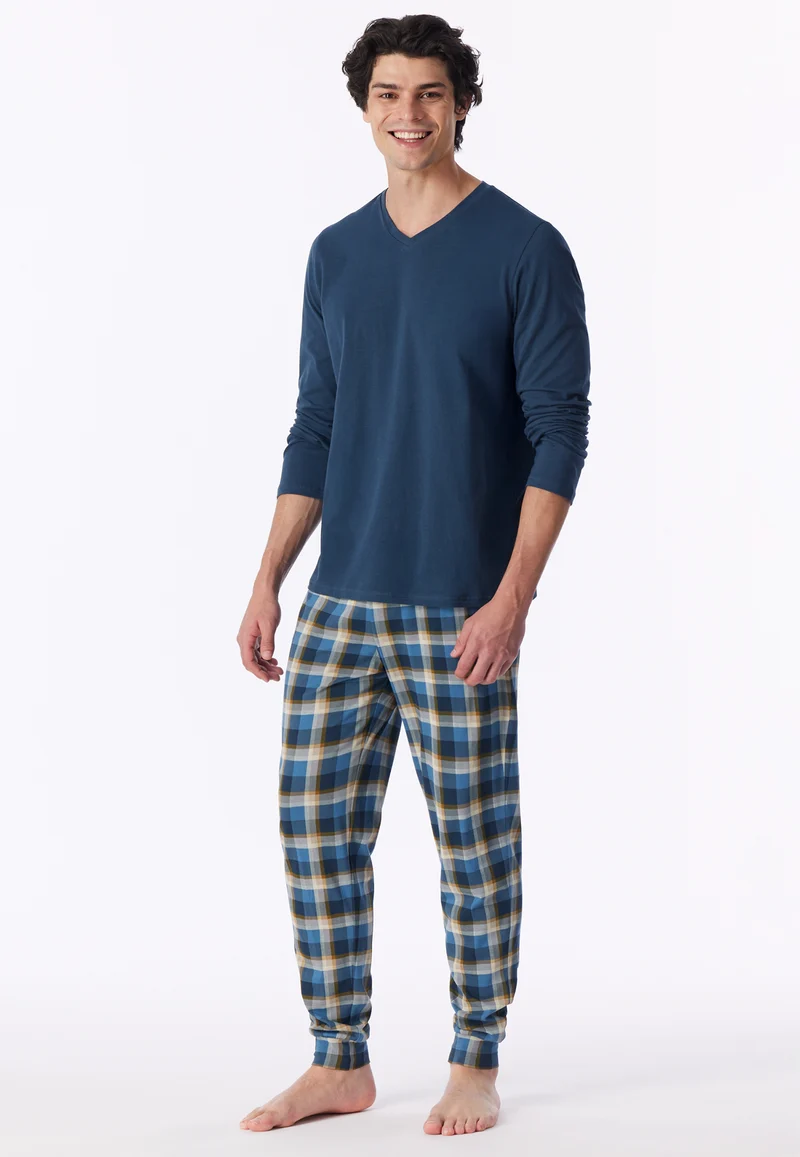 Schlafanzug mit Bündchen Blau/Gelb kariert - Casual Essentials