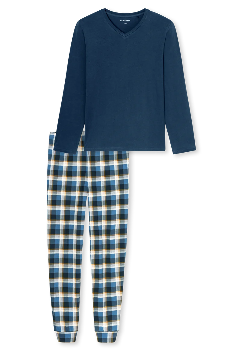 Schlafanzug mit Bündchen Blau/Gelb kariert - Casual Essentials