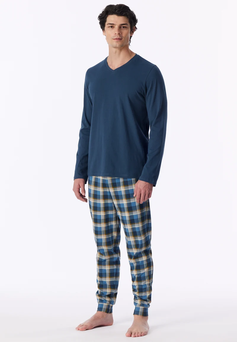 Schlafanzug mit Bündchen Blau/Gelb kariert - Casual Essentials