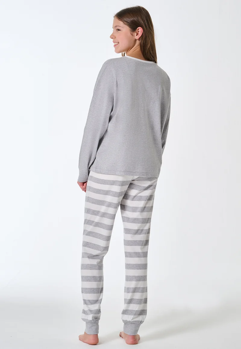 Schlafanzug lang Bündchen Ringel grau-meliert - Teens Nightwear