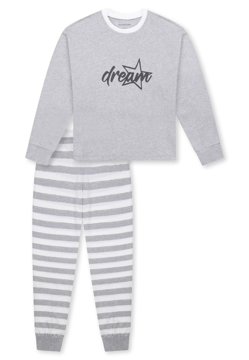 Schlafanzug lang Bündchen Ringel grau-meliert - Teens Nightwear
