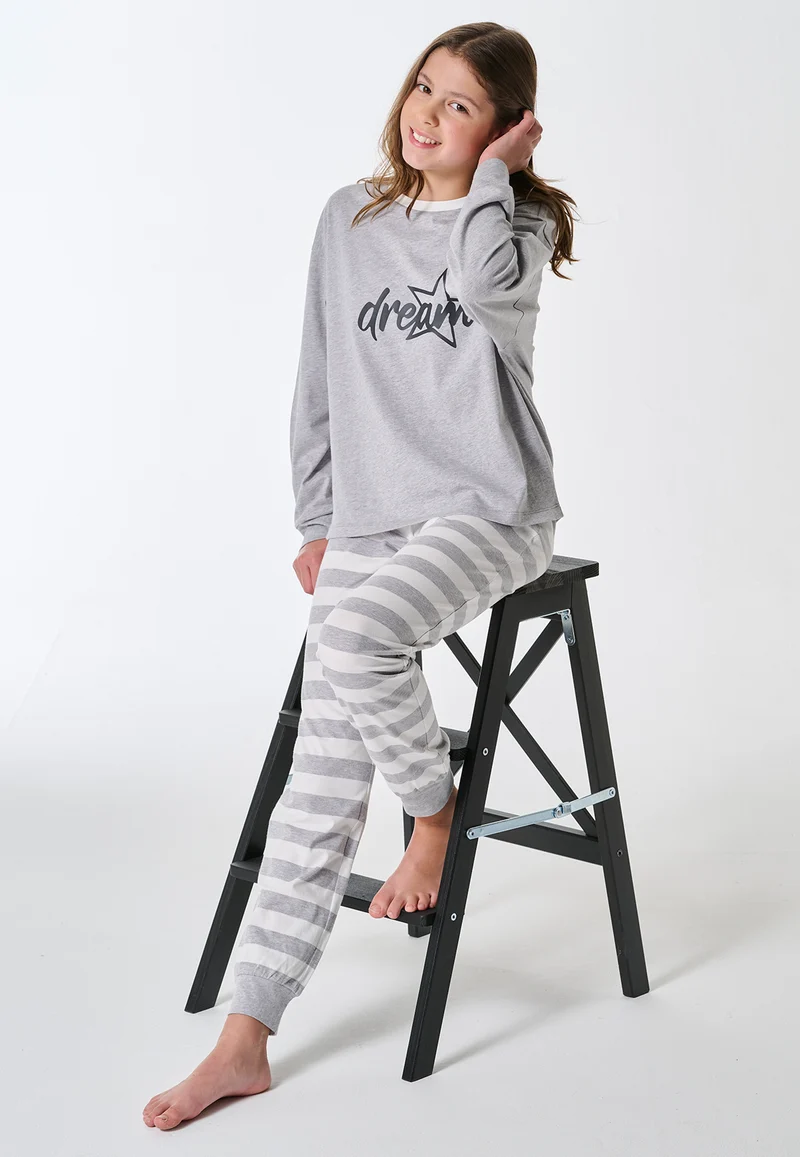 Schlafanzug lang Bündchen Ringel grau-meliert - Teens Nightwear