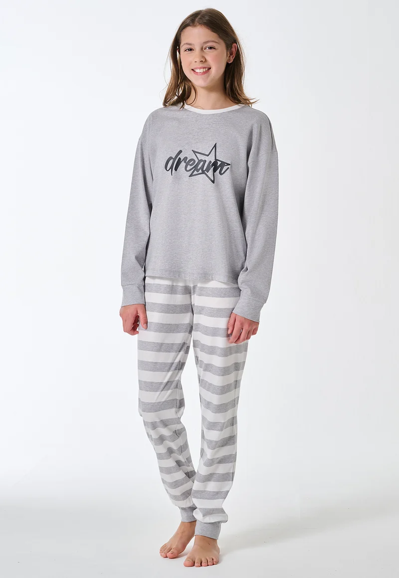 Schlafanzug lang Bündchen Ringel grau-meliert - Teens Nightwear