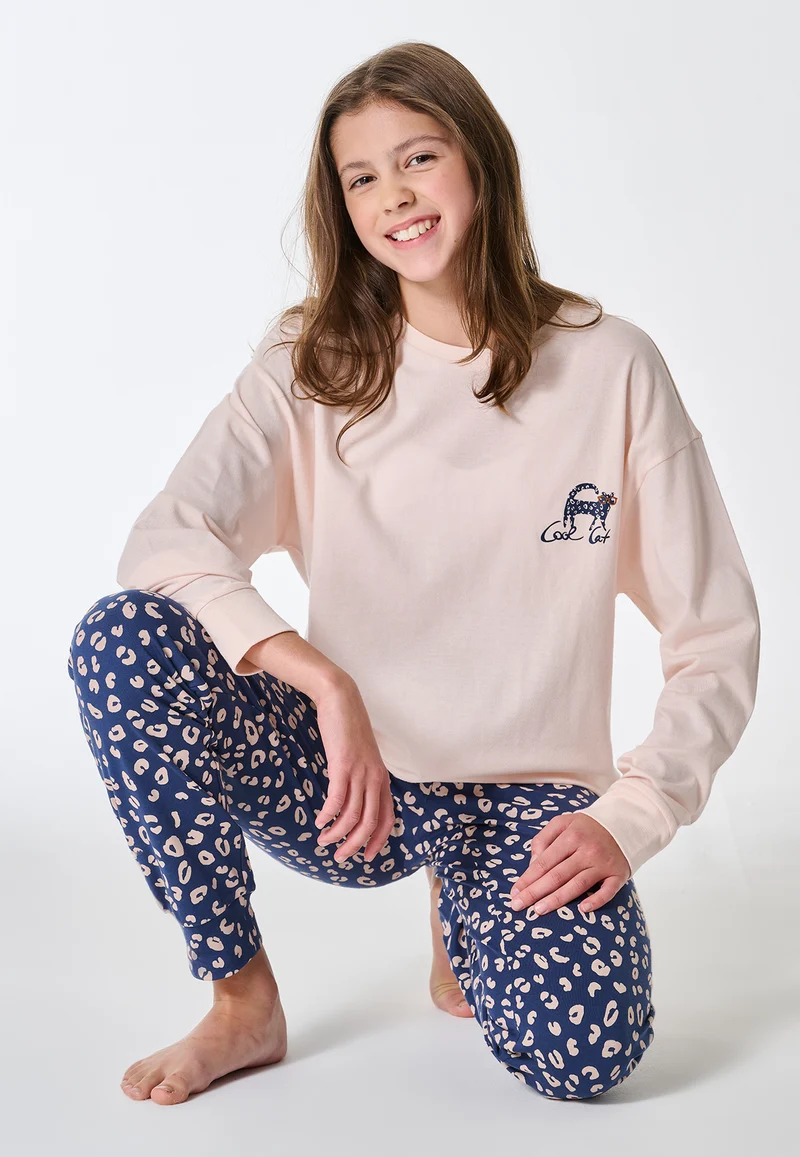 Schlafanzug lang Bündchen Katze Animal Print champagner - Teens Nightwear