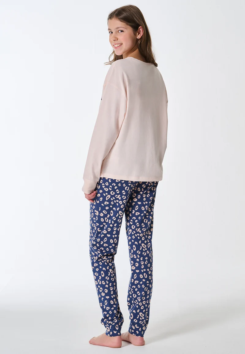 Schlafanzug lang Bündchen Katze Animal Print champagner - Teens Nightwear