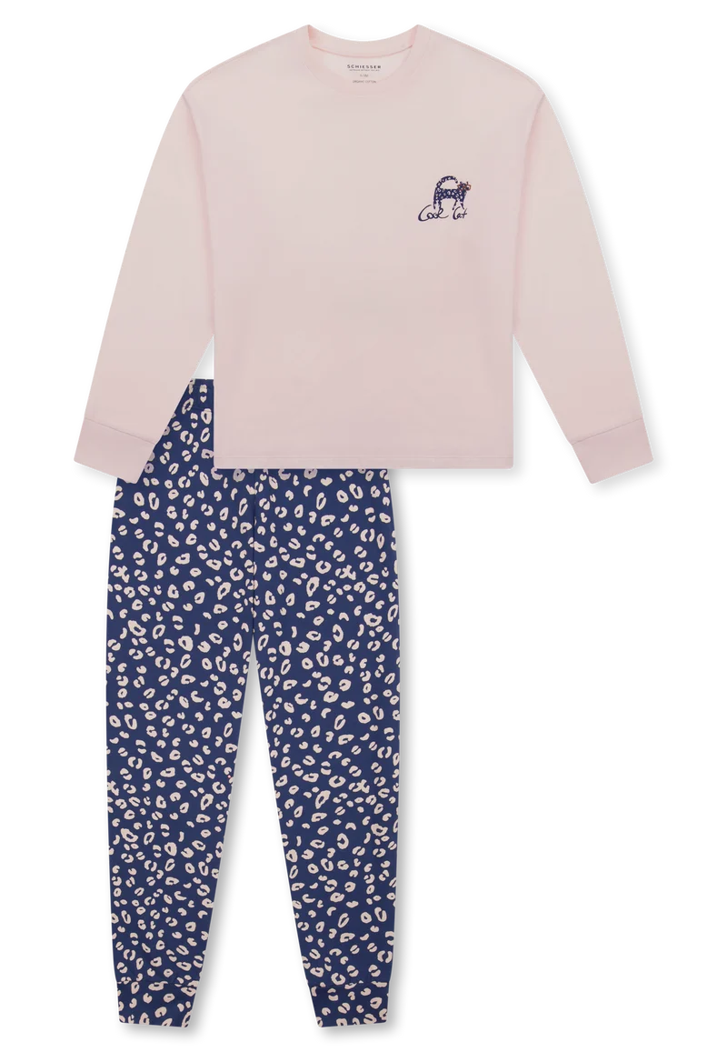 Schlafanzug lang Bündchen Katze Animal Print champagner - Teens Nightwear