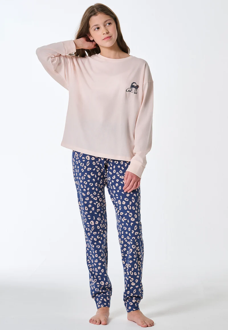 Schlafanzug lang Bündchen Katze Animal Print champagner - Teens Nightwear