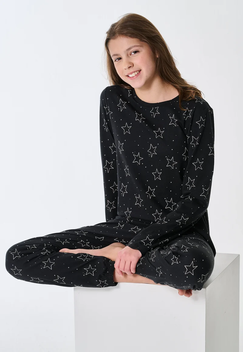Schlafanzug lang Bündchen Sterne schwarz - Teens Nightwear