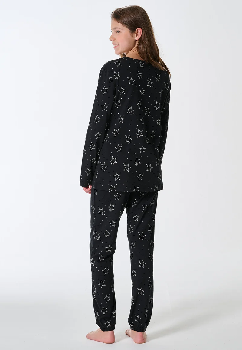 Schlafanzug lang Bündchen Sterne schwarz - Teens Nightwear