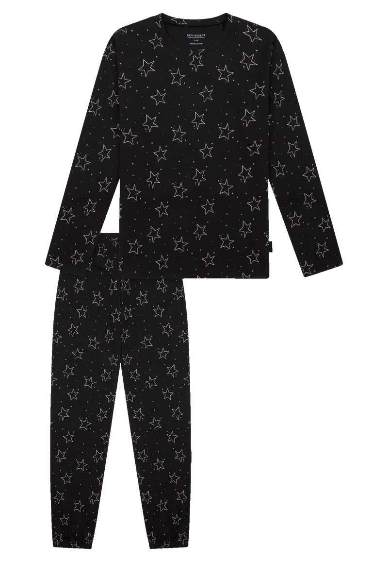 Schlafanzug lang Bündchen Sterne schwarz - Teens Nightwear