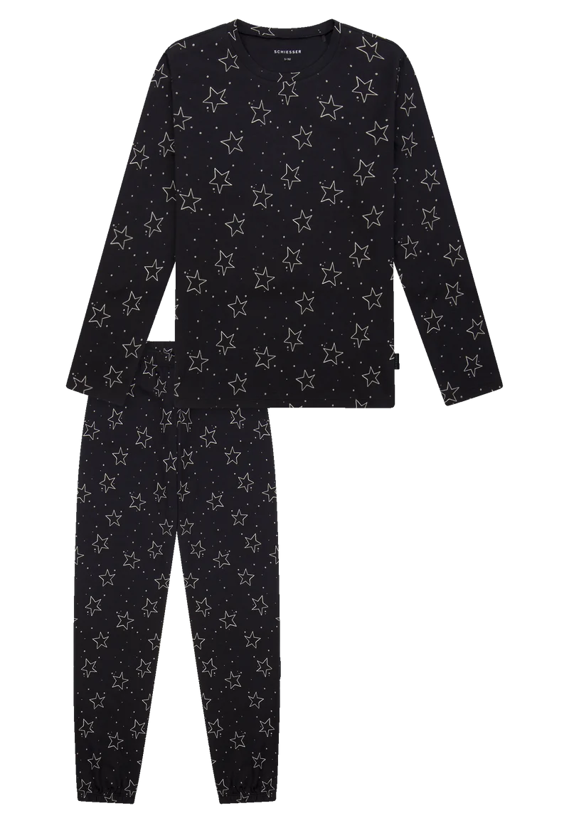 Schlafanzug lang Bündchen Sterne schwarz - Teens Nightwear