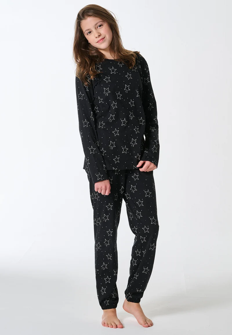 Schlafanzug lang Bündchen Sterne schwarz - Teens Nightwear