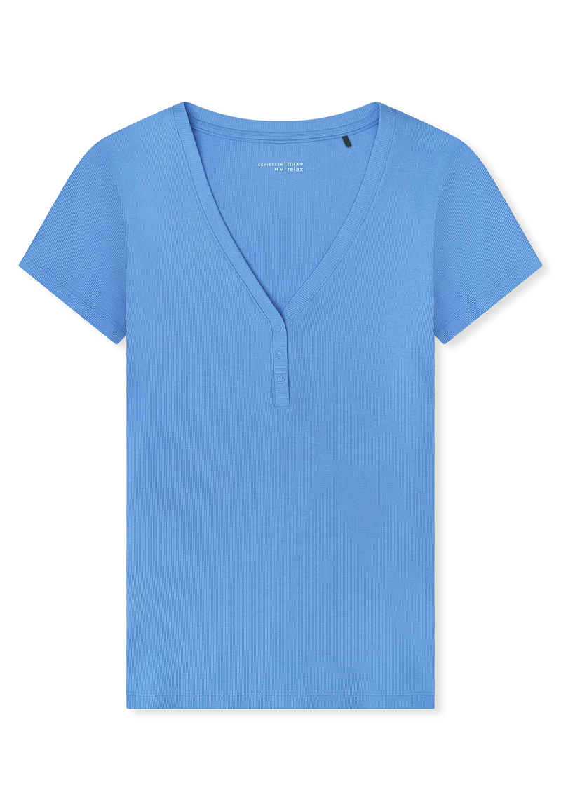 T-Shirt V-Ausschnitt mit Knopfleiste Blau - Mix+Relax