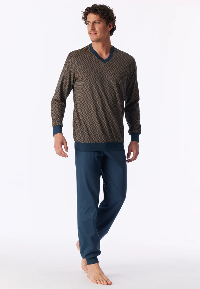 Schlafanzug mit Bündchen Blau/Braun gemustert - Comfort Nightwear