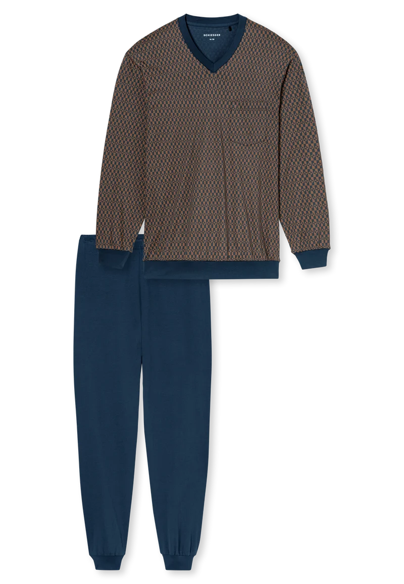 Schlafanzug mit Bündchen Blau/Braun gemustert - Comfort Nightwear
