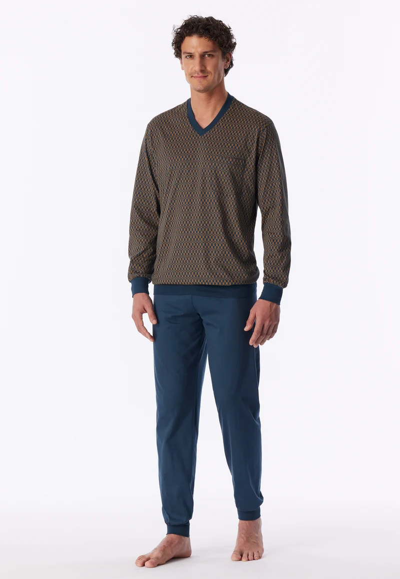 Schlafanzug mit Bündchen Blau/Braun gemustert - Comfort Nightwear