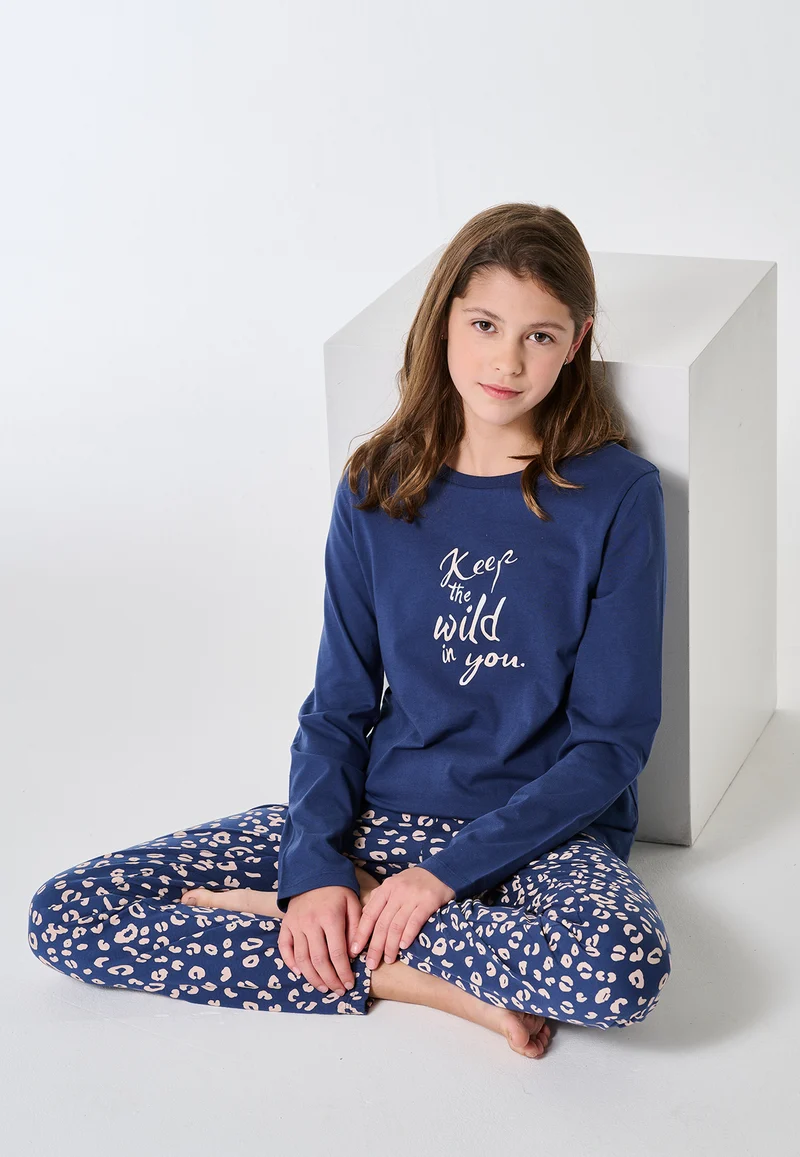 Schlafanzug lang Bündchen Animal Print jeansblau - Teens Nightwear