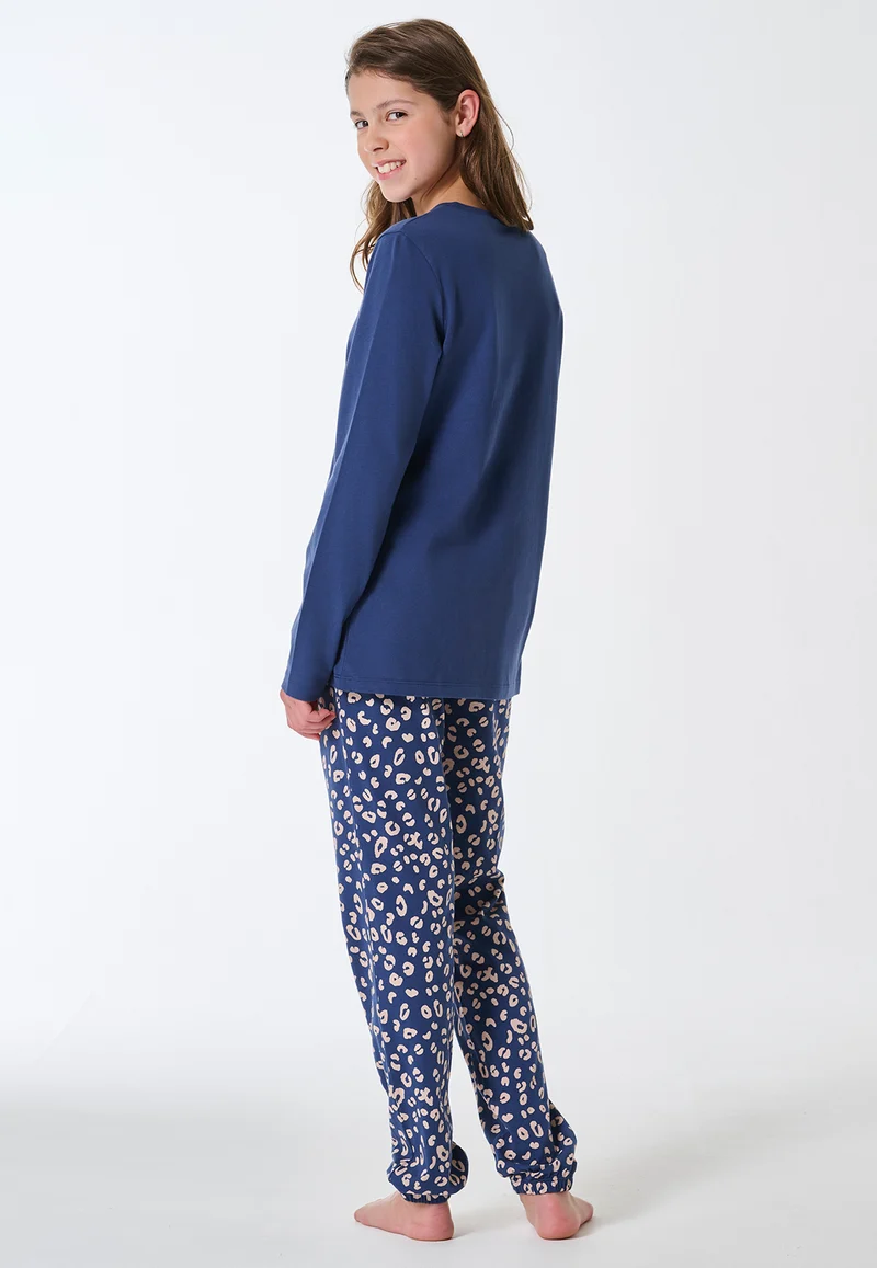 Schlafanzug lang Bündchen Animal Print jeansblau - Teens Nightwear