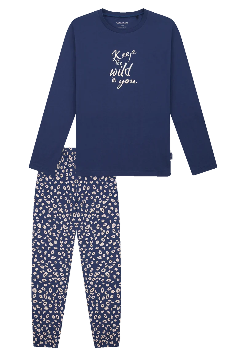 Schlafanzug lang Bündchen Animal Print jeansblau - Teens Nightwear