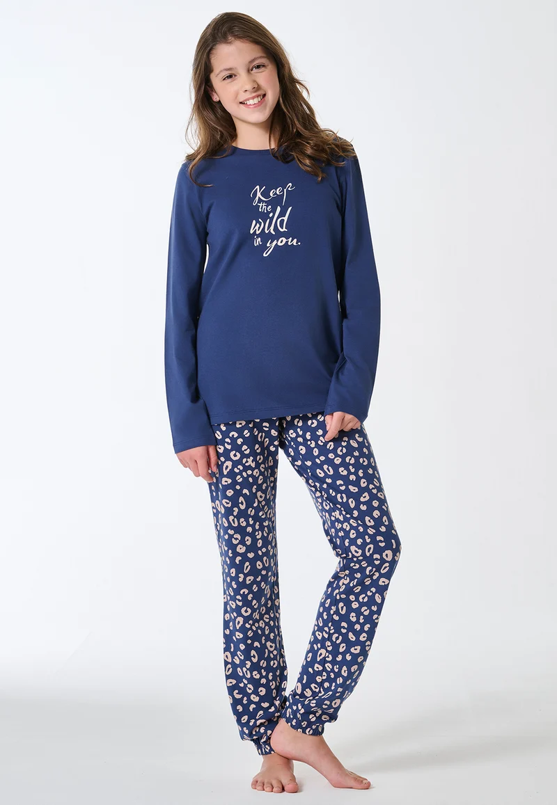 Schlafanzug lang Bündchen Animal Print jeansblau - Teens Nightwear