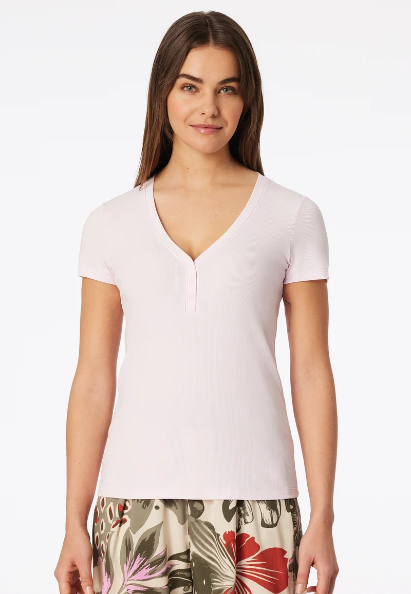 T-Shirt V-Ausschnitt mit Knopfleiste Rosa - Mix+Relax