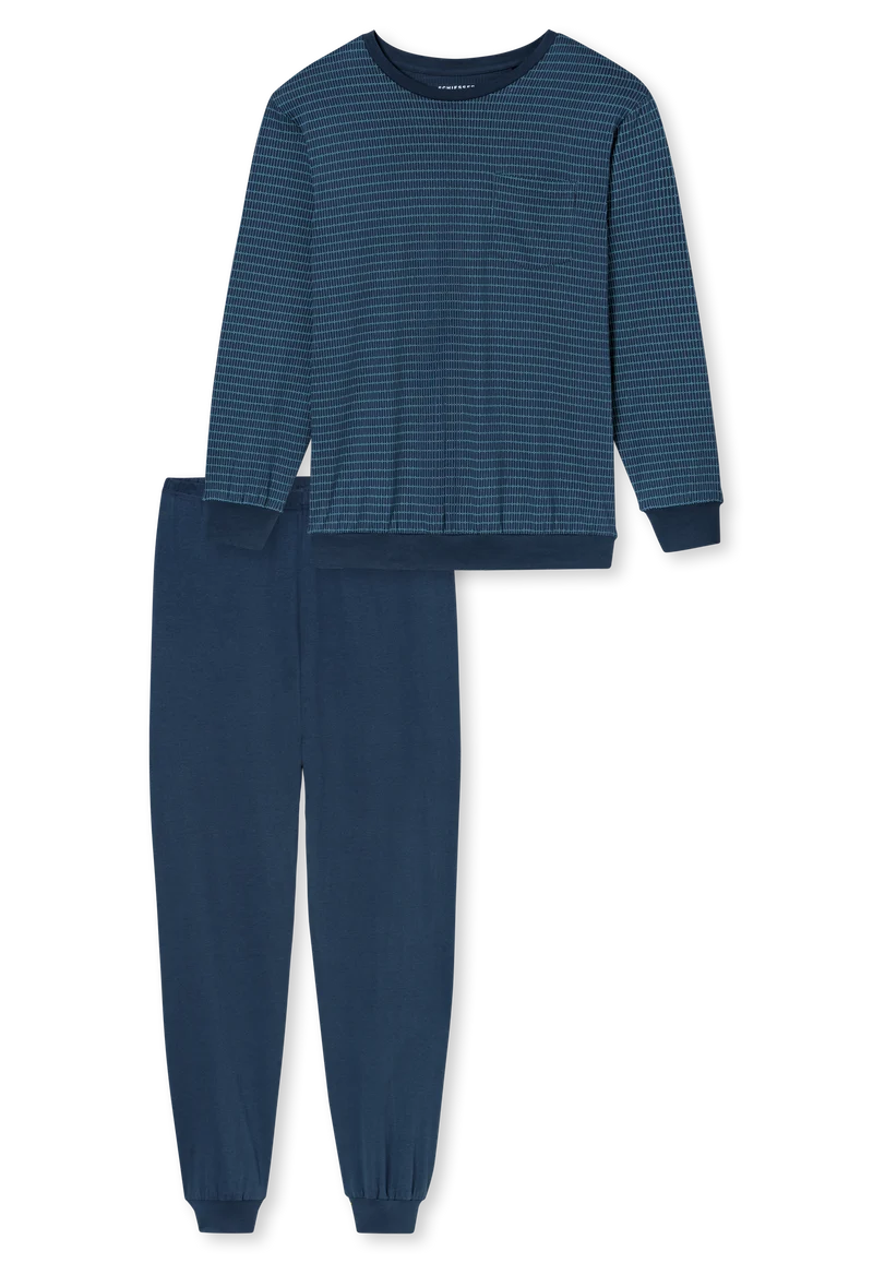 Schlafanzug mit Bündchen Blau gemustert - Comfort Essentials