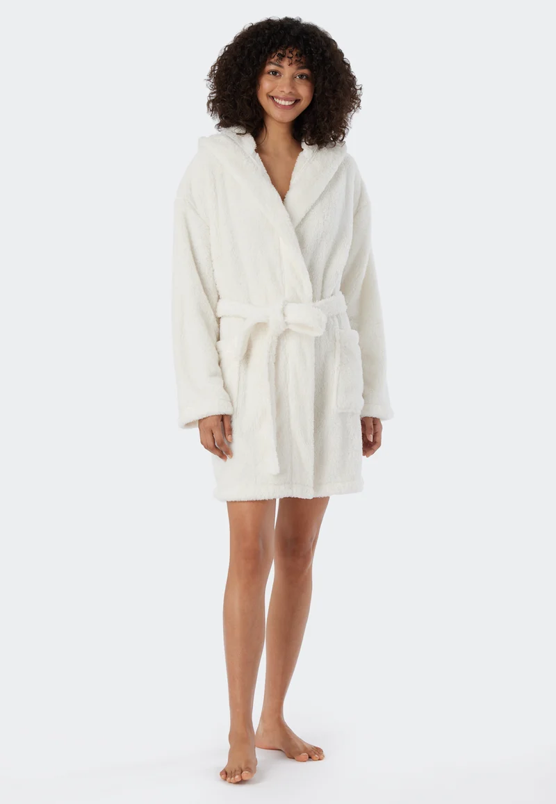 Morgenmantel mit Kapuze Teddy-Fleece Weiss - Essentials