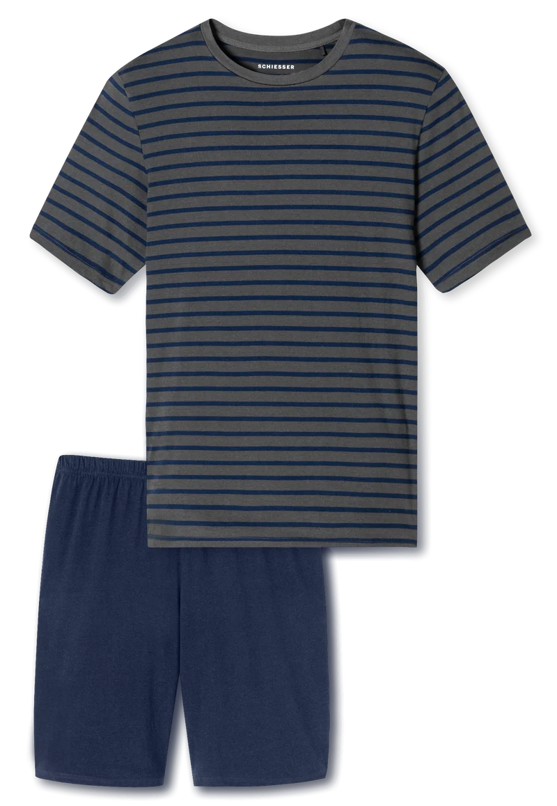 Schlafanzug kurz Anthrazit/Blau gestreift - Casual Essentials