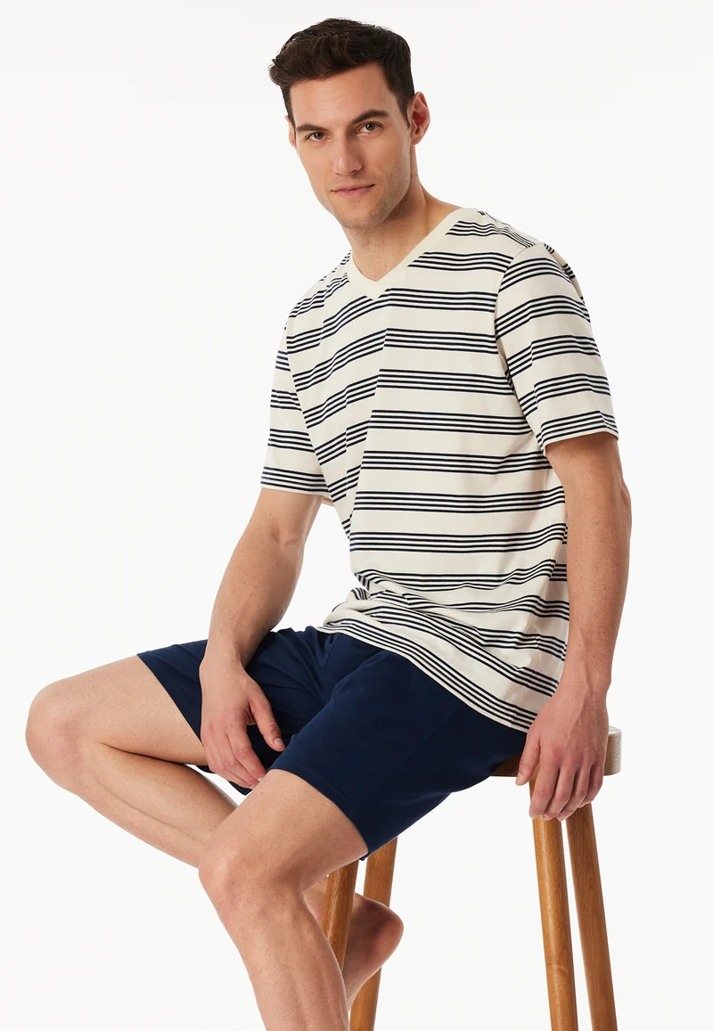 Schlafanzug kurz Off-White/Dunkelblau gestreift - Casual Nightwear
