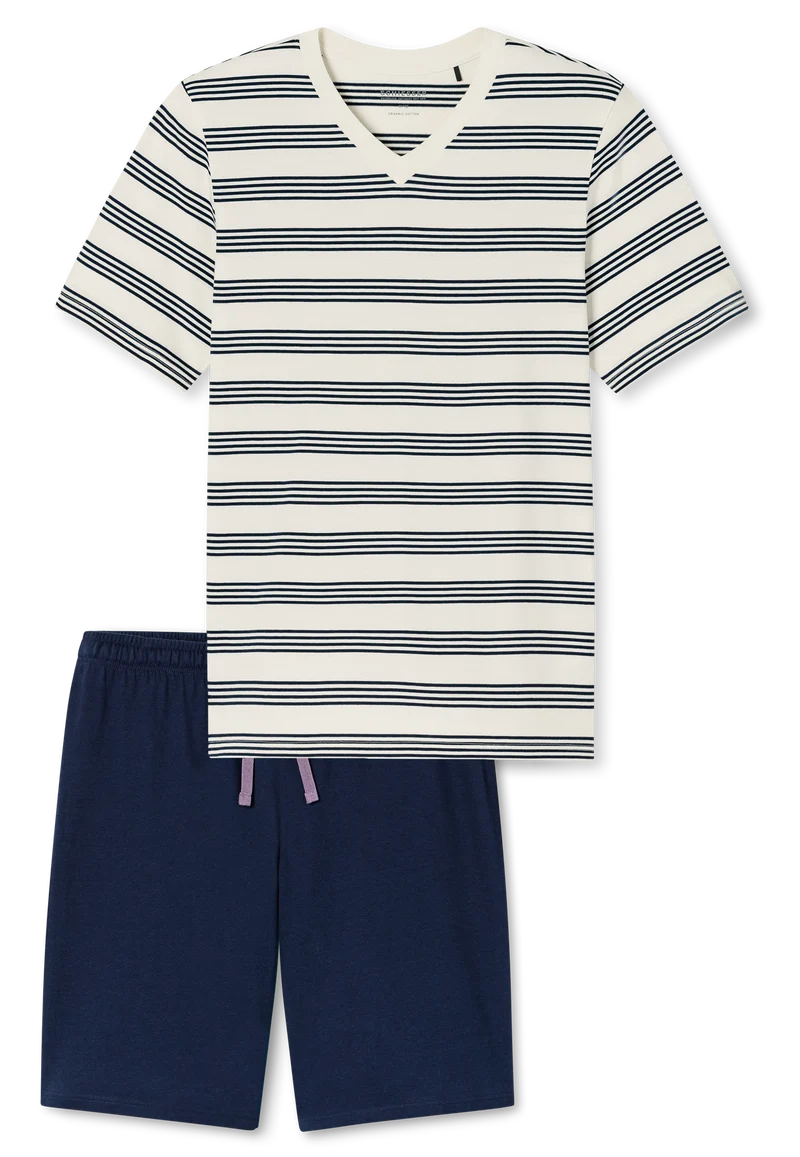 Schlafanzug kurz Off-White/Dunkelblau gestreift - Casual Nightwear