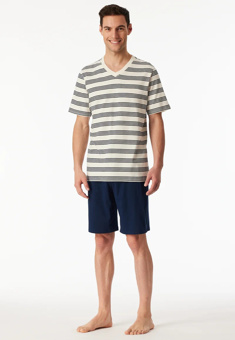 Schlafanzug kurz Off-White/Dunkelblau gestreift - Casual Nightwear
