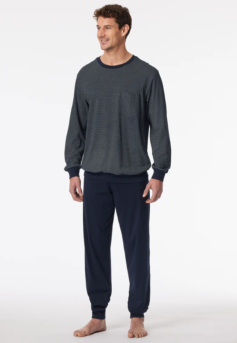 Schlafanzug mit Bündchen Dunkelblau/Weiss gemustert - Comfort Essentials