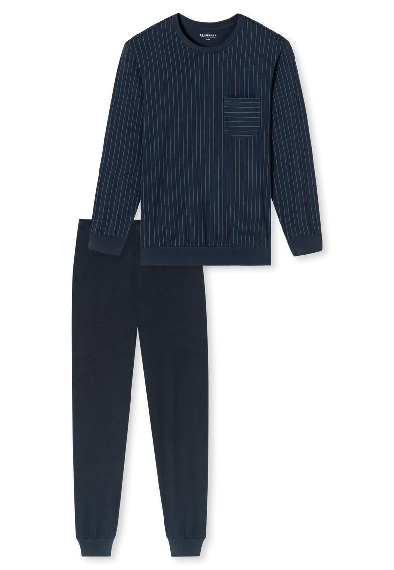 Schlafanzug mit Bündchen Dunkelblau gemustert - Comfort Essentials