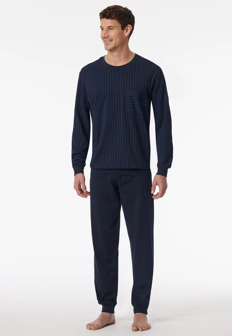 Schlafanzug mit Bündchen Dunkelblau gemustert - Comfort Essentials