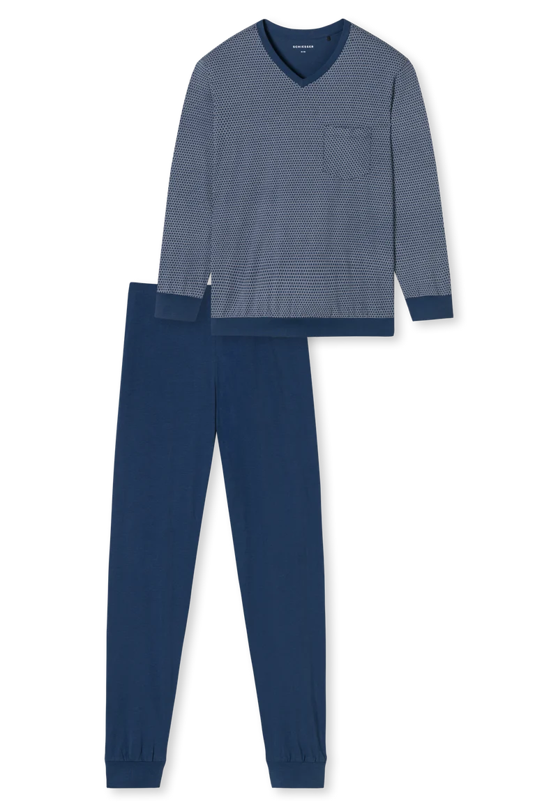 Schlafanzug mit Bündchen Blau gemustert - Comfort Essentials
